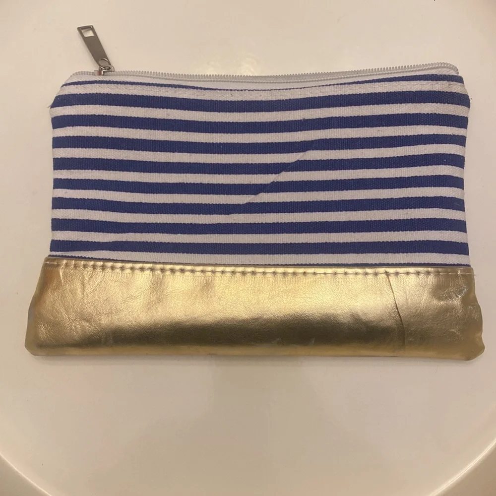 Katie Customized Cosmetic Bag Blue/White Stripe with Gold Accents GUC 9x6